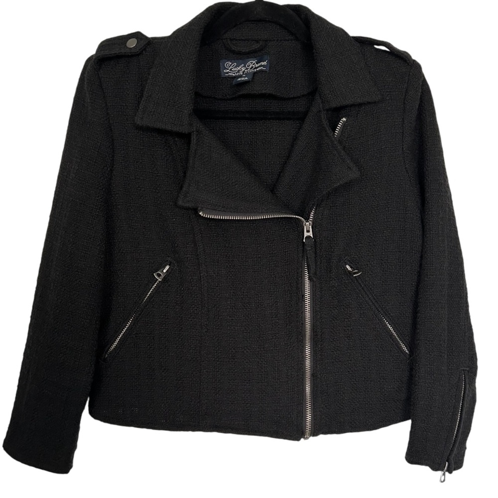 LUCKY BRAND Women’s Temera Moto Jacket Black Tweed Front Zip Silver Hardware M